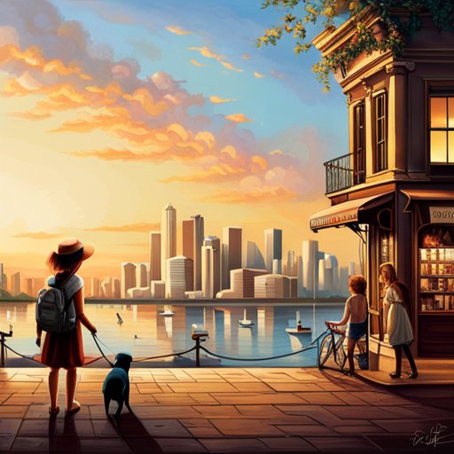 A painting of a woman walking her dog in front of a city.