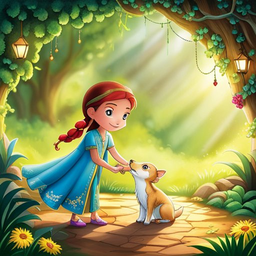 A girl in a blue dress is petting a dog in the forest.