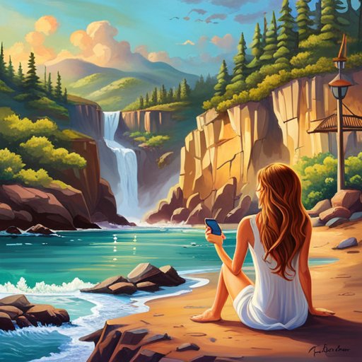 A painting of a woman looking at a waterfall.