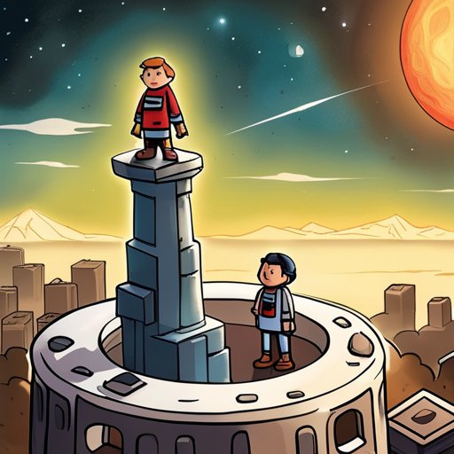 A cartoon image of two people standing on top of a tower.