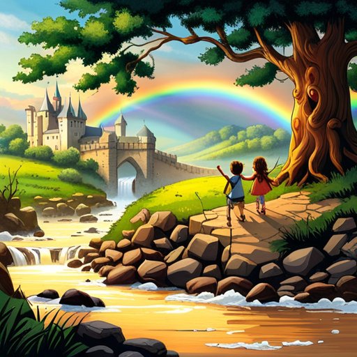 Two children standing by a river with a castle in the background.