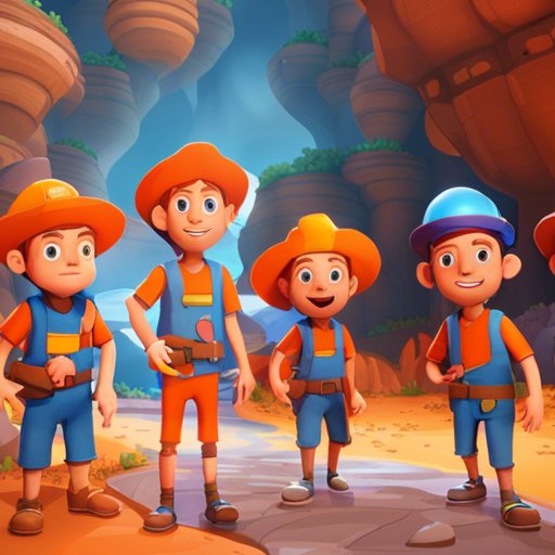 A group of boys in orange hats standing in front of a cave.