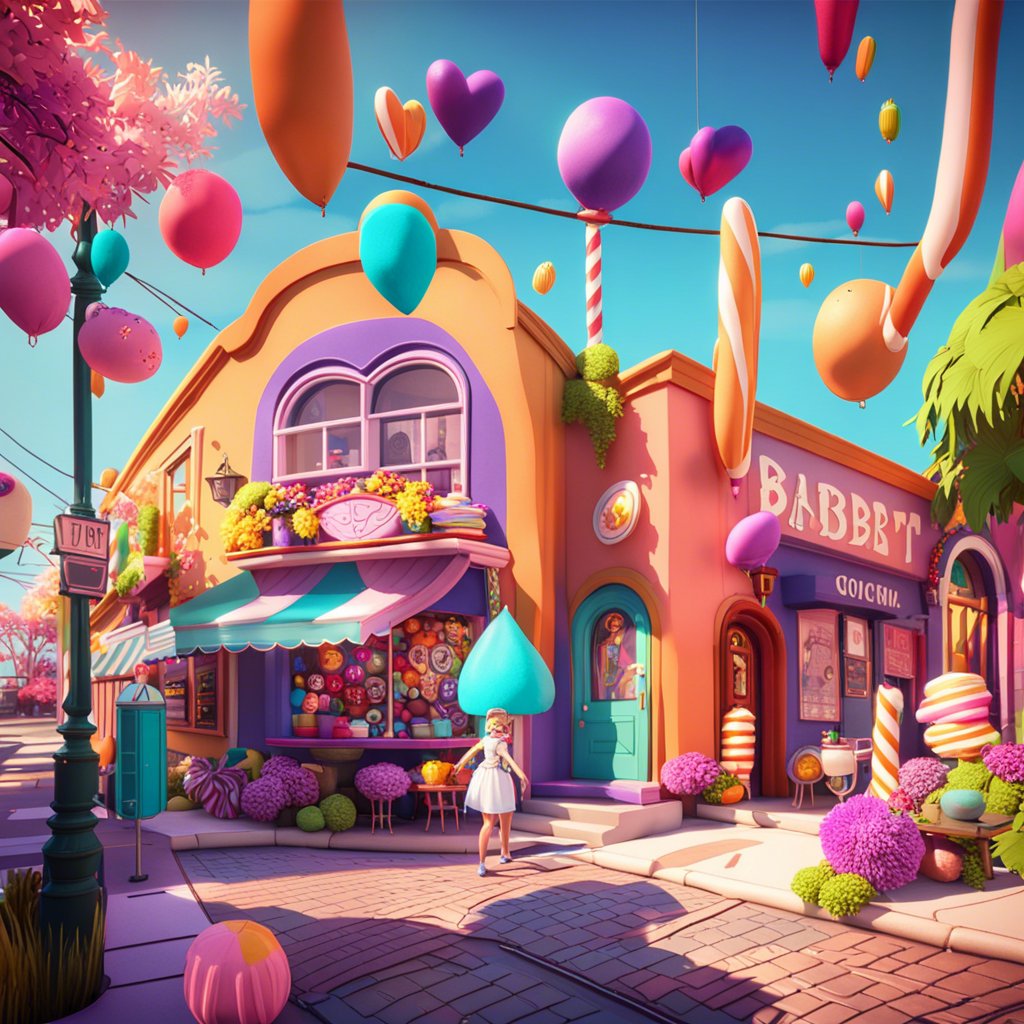 A colorful city with a lot of balloons and colorful buildings.
