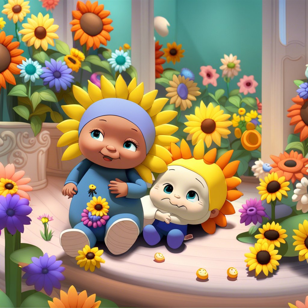 A cartoon of a boy and a girl sitting in a flower garden.