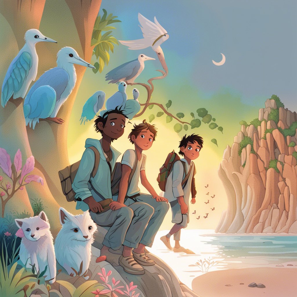 An illustration of a group of children sitting on a rock by the ocean.