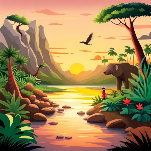 An elephant and a bird in the jungle at sunset.