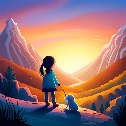 A girl is walking her dog in the mountains at sunset.