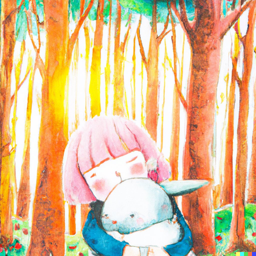 A girl is hugging a rabbit in the woods.