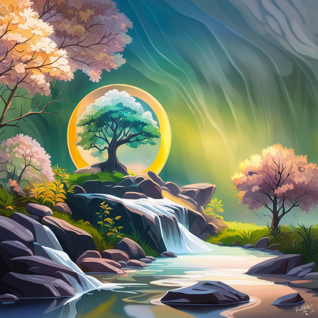 A painting of a tree near a stream and a moon.