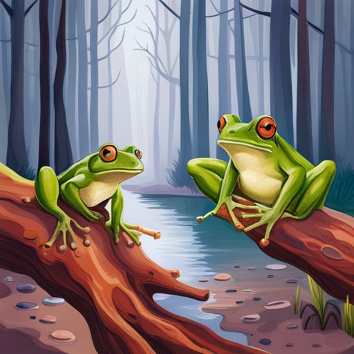 Two frogs sitting on a log in the forest.