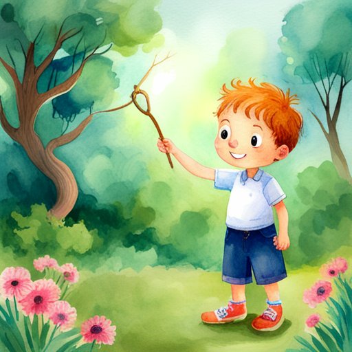 A boy holding a stick in the forest.