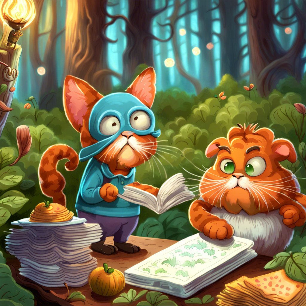 Two cartoon cats reading a book in the forest.