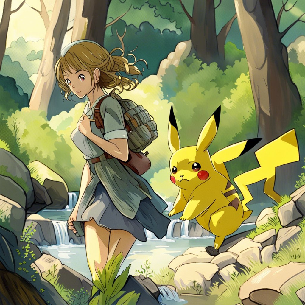 A girl with a backpack and a pikachu in the woods.