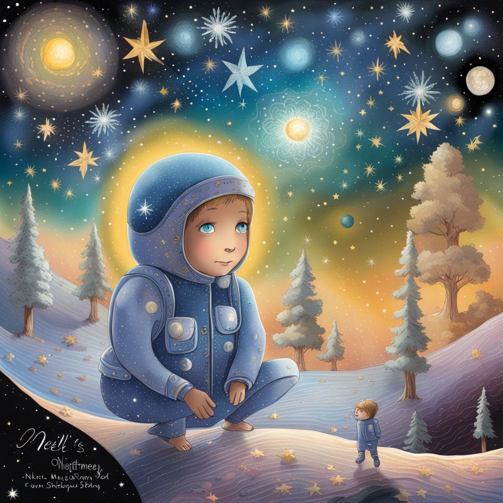 An illustration of a boy in a blue spacesuit with stars in the sky.