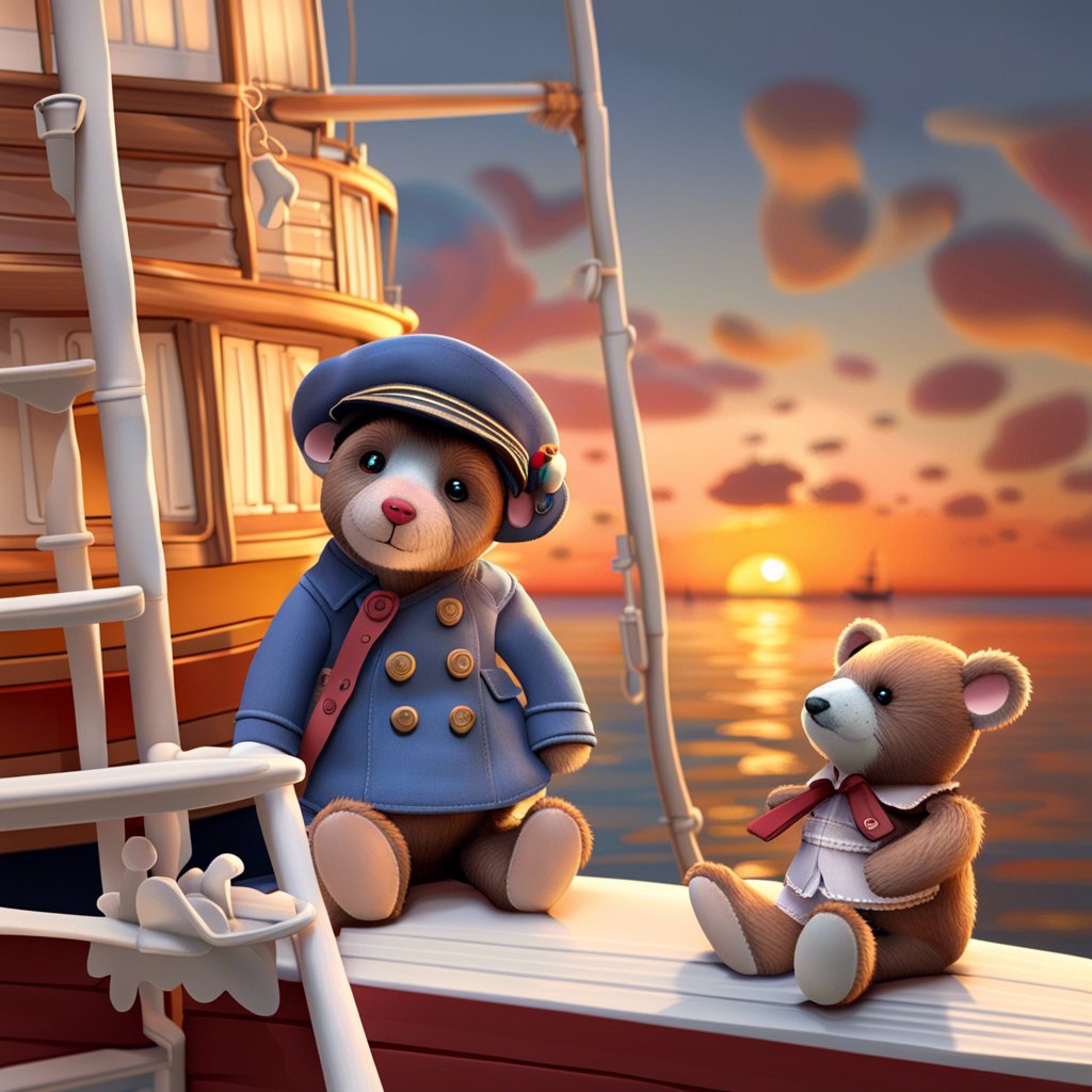 Two teddy bears sitting on the deck of a ship.