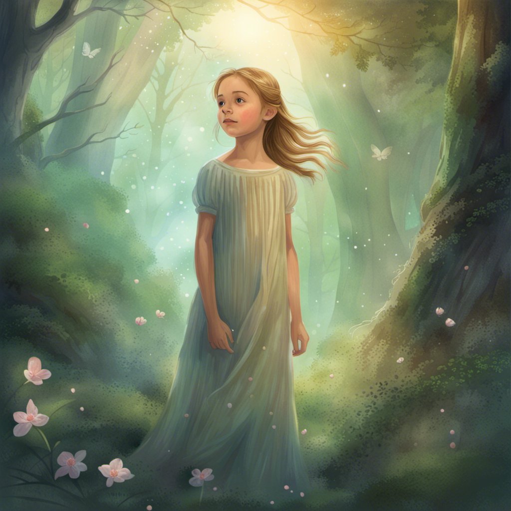 A girl in a dress standing in a forest.