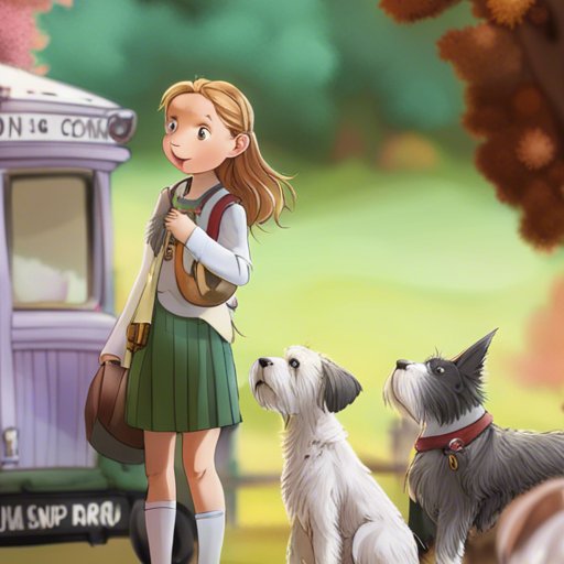 A girl is standing in front of a bus with two dogs.