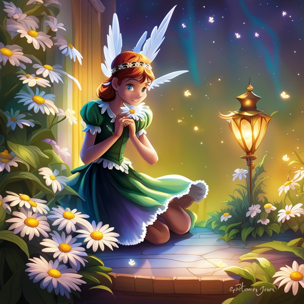 An image of a fairy with a lantern and daisies.