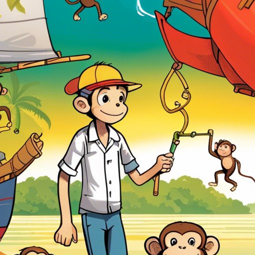 A cartoon of a boy fishing with monkeys on a boat.