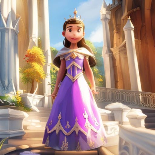 A princess in a purple dress standing in front of a castle.