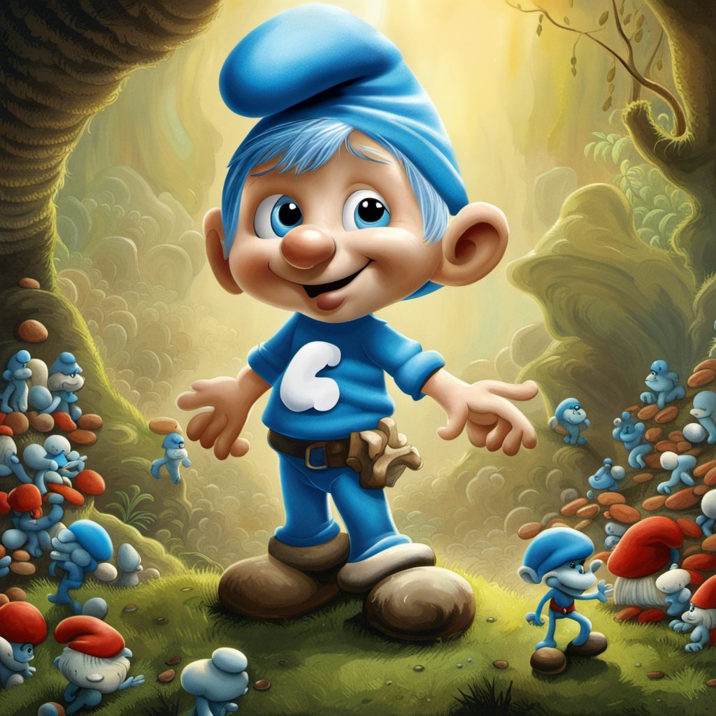 A blue smurf standing in front of mushrooms during Chris and BlackPaw's extraordinary rescue mission in Smurf Village.