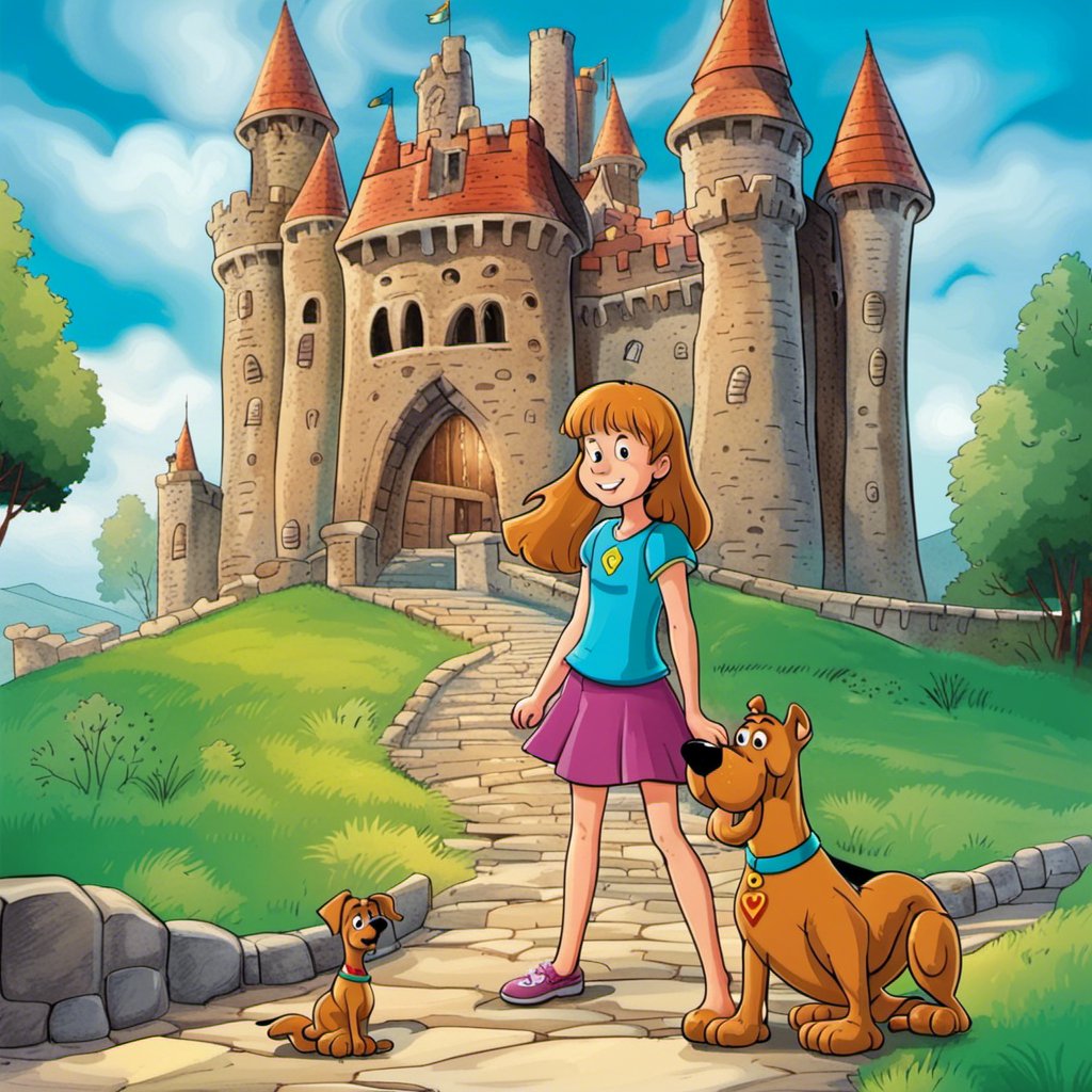 Scooby-Doo and her dog Dennis embark on a ghost hunt adventure in front of a castle.