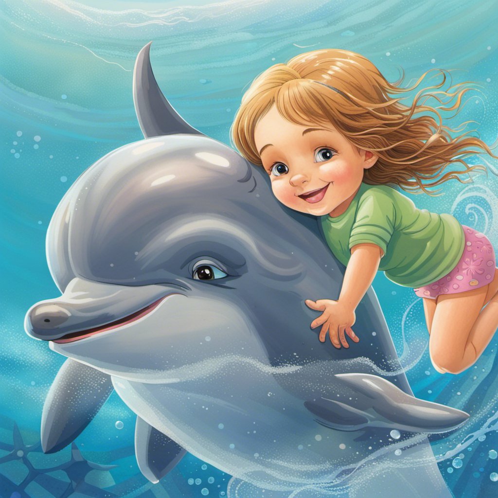 Elif's underwater adventure: a girl riding a dolphin in the ocean, forming a special friendship beneath the waves.