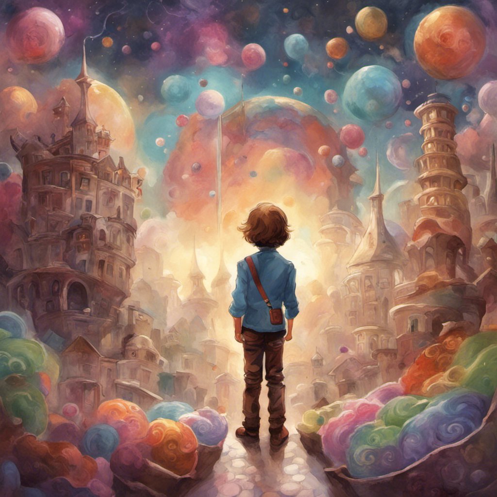 A whimsical painting of Ben standing in front of a city adorned with balloons.