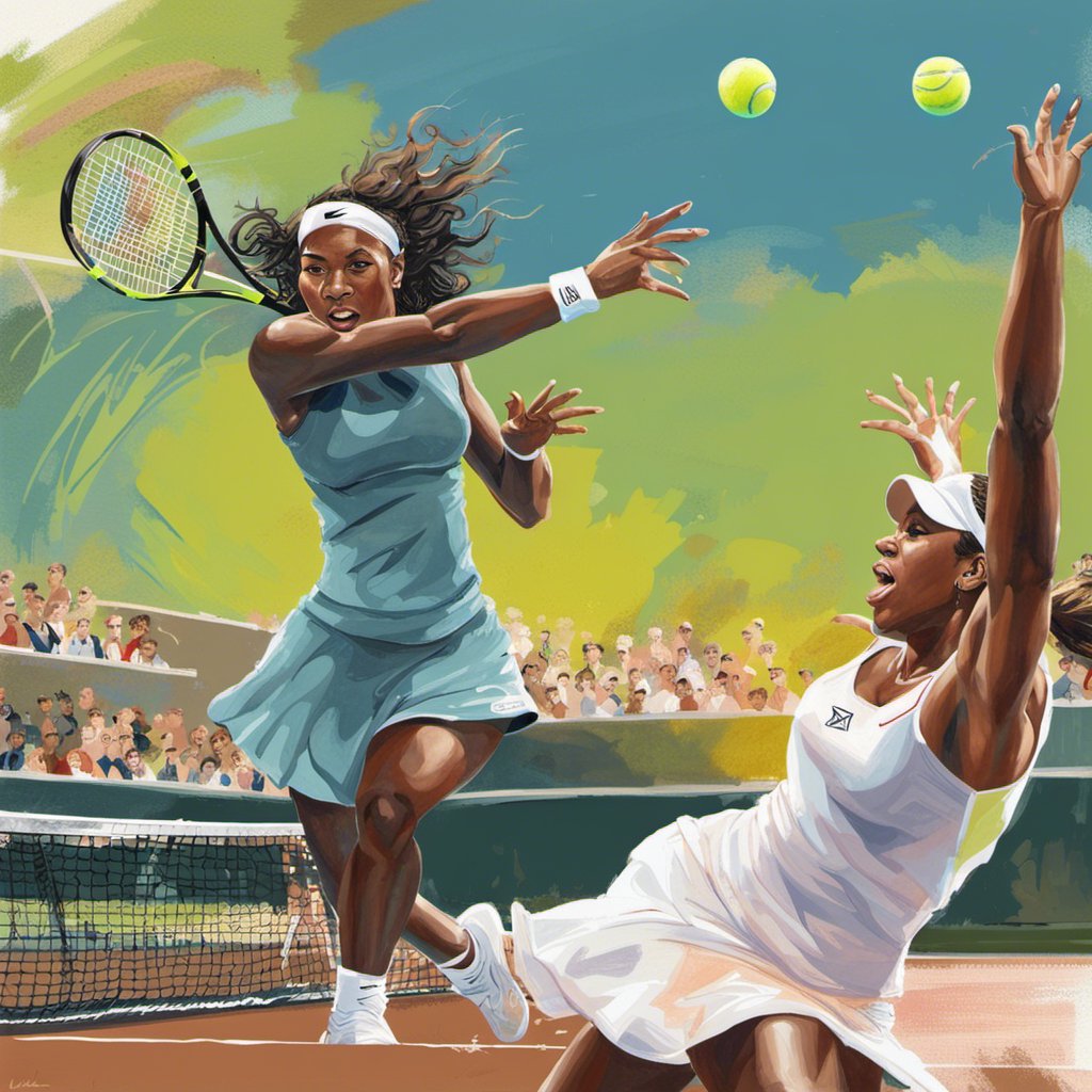 Two women playing tennis.