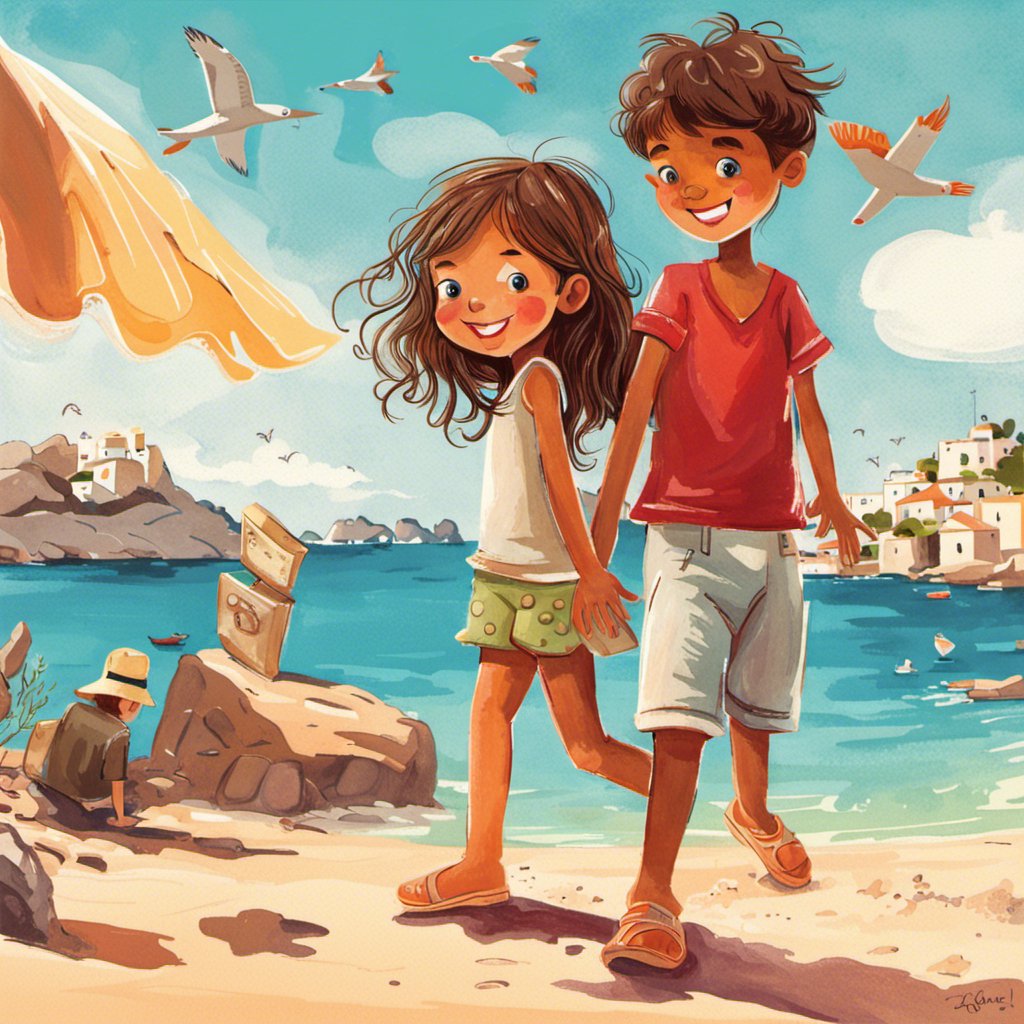 A cartoon illustration of a couple walking on the beach.