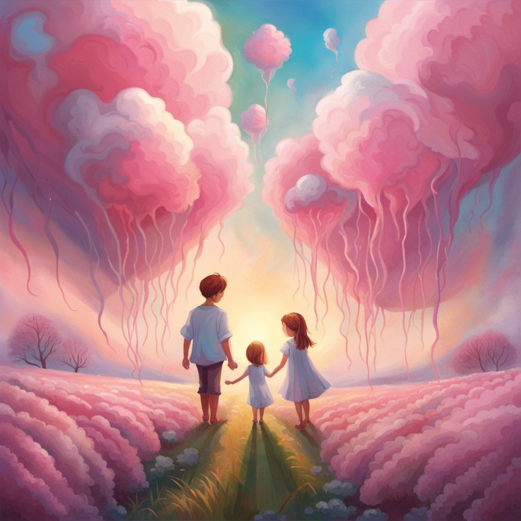 Luna and Ken's Universe: A family walking through a cotton candy field.