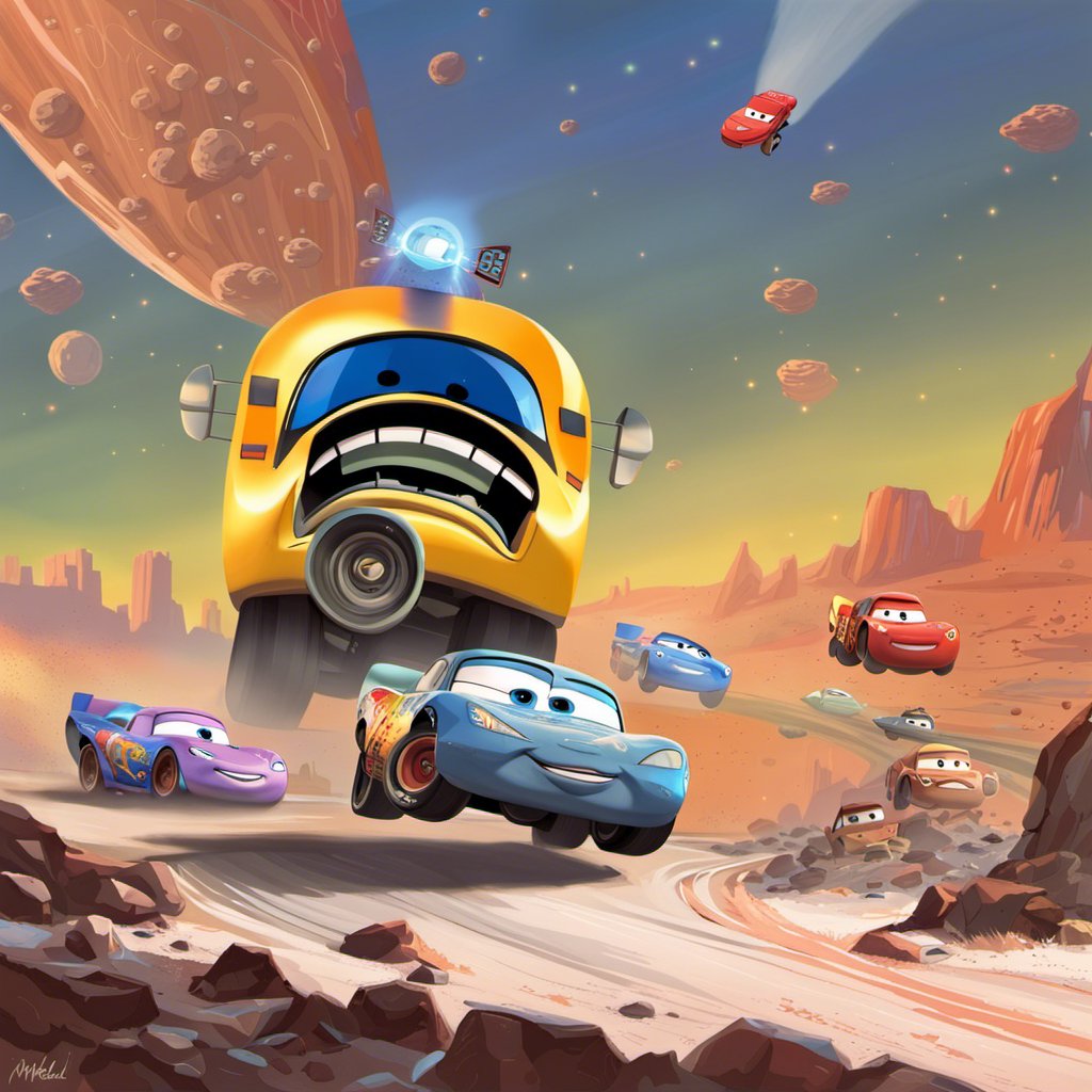 Disney Pixar's Cars on a deserted planet, racing with Lightning McQueen in Micheal's Galactic Friendship Ride.