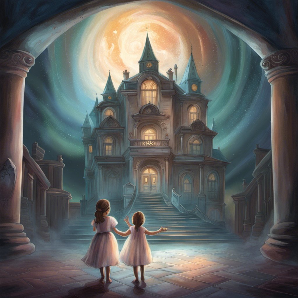A painting of two girls, Michelle and the Haunted Opera House, standing in front of a castle.