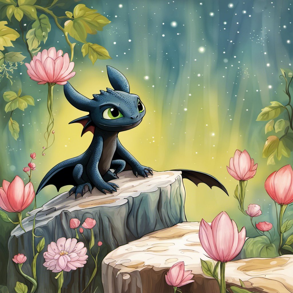 Toothless dragon and pink flowers.