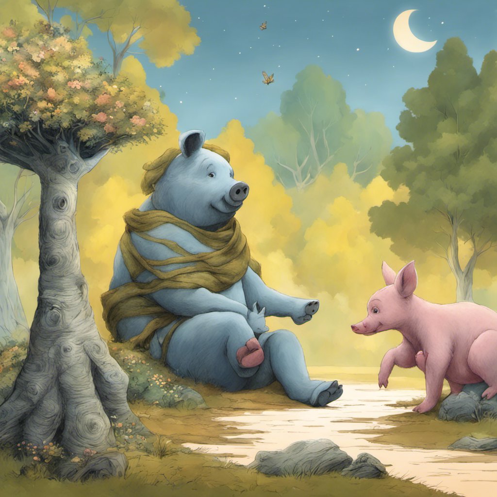 A bear and a pig conquering gloom in the woods.