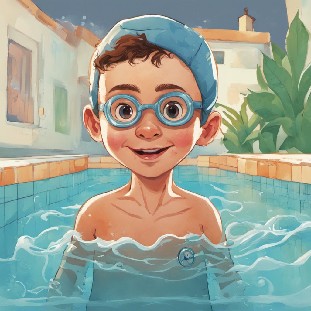 Henry, the Unstoppable Para Swimming Champion, in a cartoon illustration at a swimming pool.