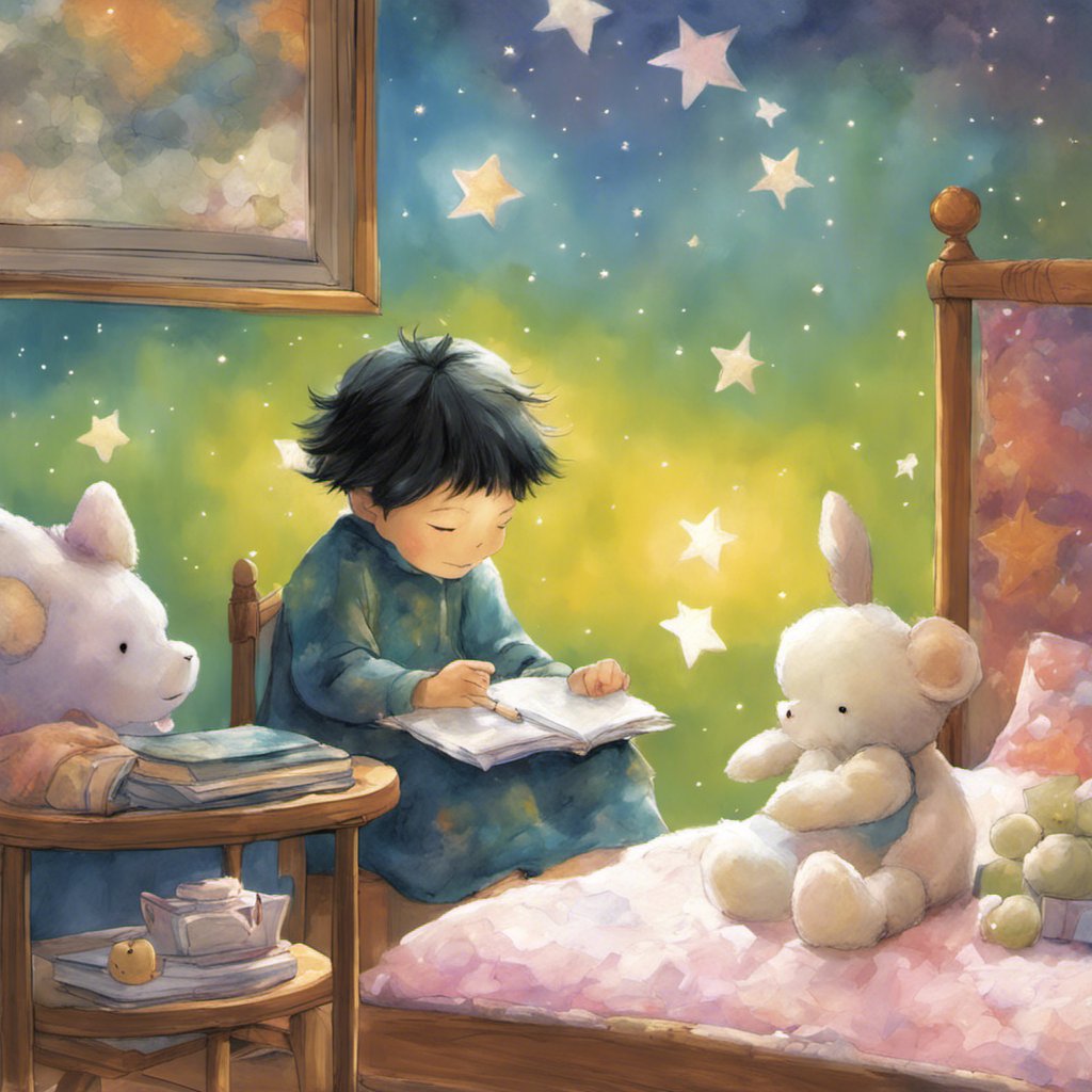 A boy is reading a book in his bed surrounded by teddy bears.