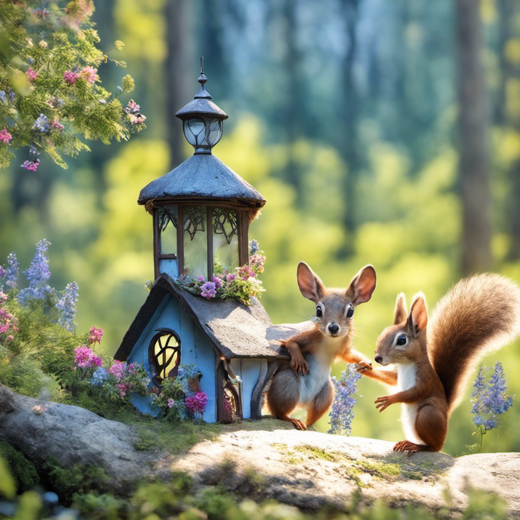 Two squirrels standing next to an enchanted fairy house in the Neva forest.