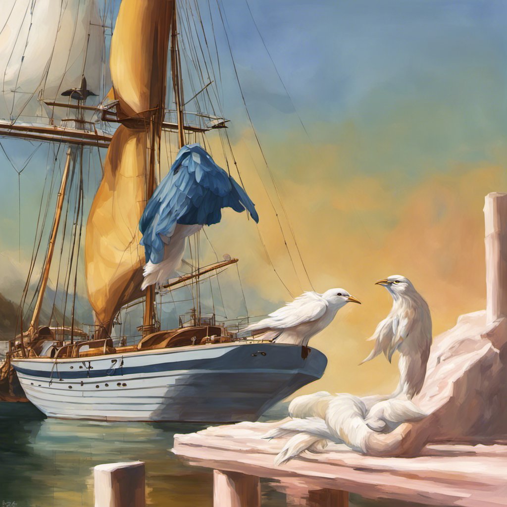 A painting capturing the friendship of birds on a dock.