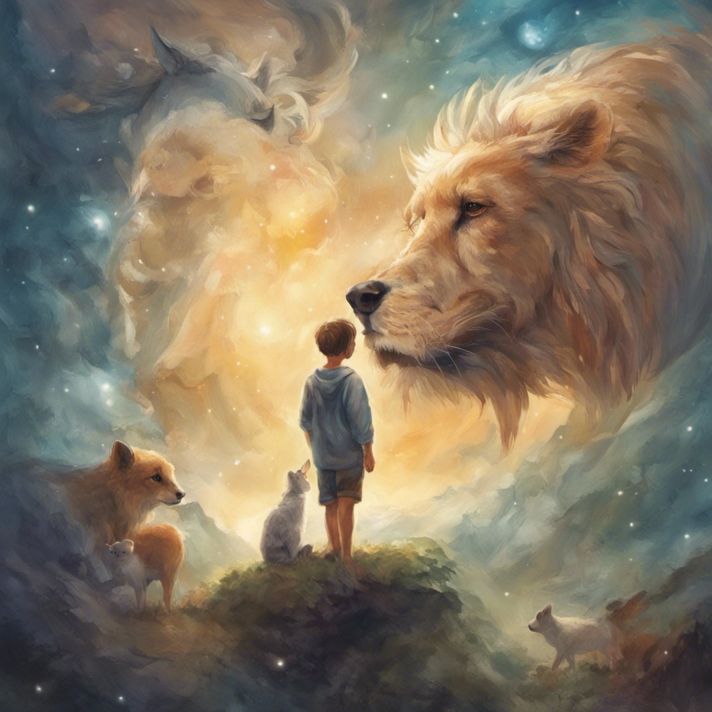 An enchanting painting of a boy looking at a lion in the sky, showcasing his deep connection with animals through the mesmerizing visuals of the Aras.