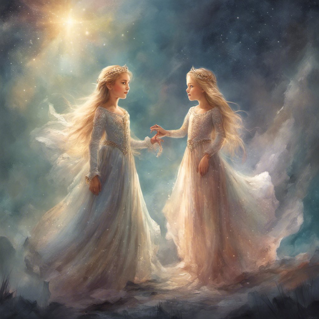 A painting of two girls holding hands in the sky, inspired by Princess Luna.