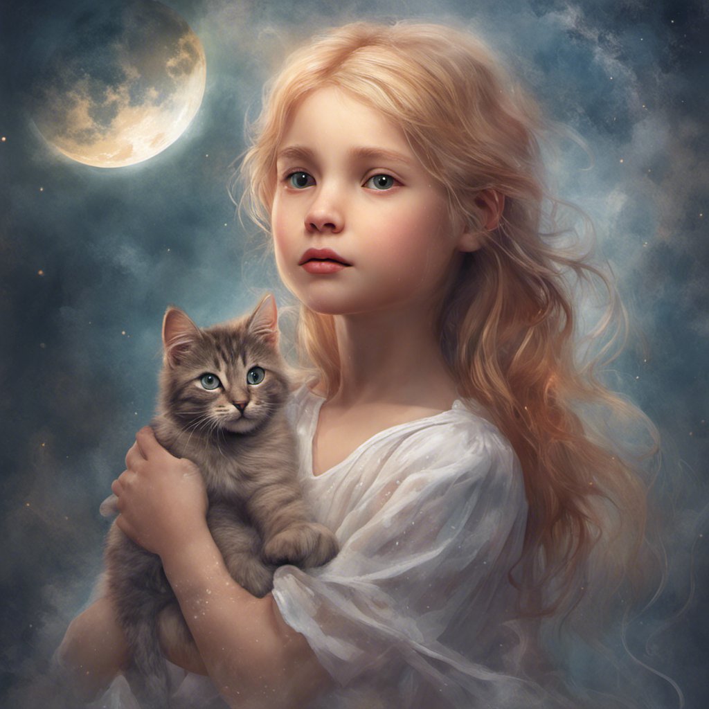 A painting of Ariel, a little girl, holding a kitten in front of the moon.