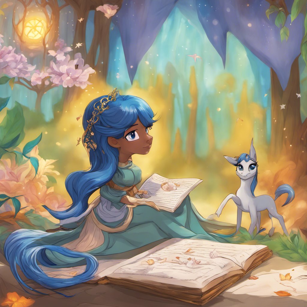 A girl is reading a book in an enchanted forest with a unicorn.