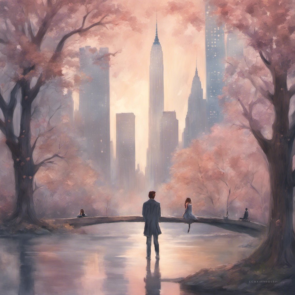 A Mysterious Manhattan Marathon painting of a couple walking on a bridge in a park.