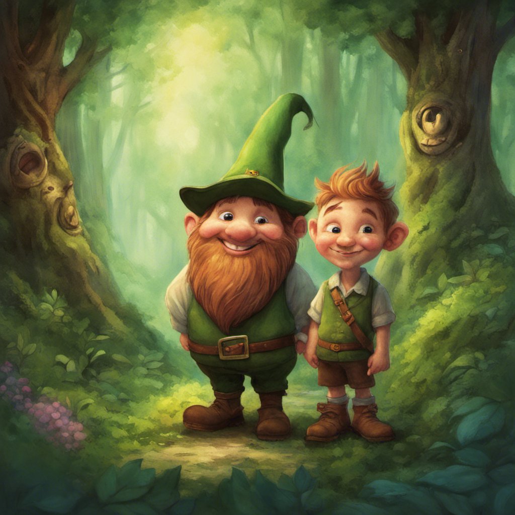 A heartwarming cartoon illustration of two gnomes, Charles Jr. and their loyal friendship, standing in the enchanted Heart of the Woods forest.