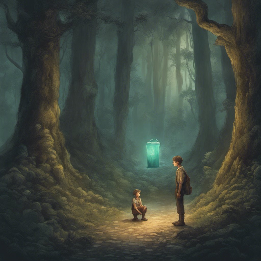 Elik, a Dustbin Collector, in the Forest of Night, painting of a man and a boy in the woods.