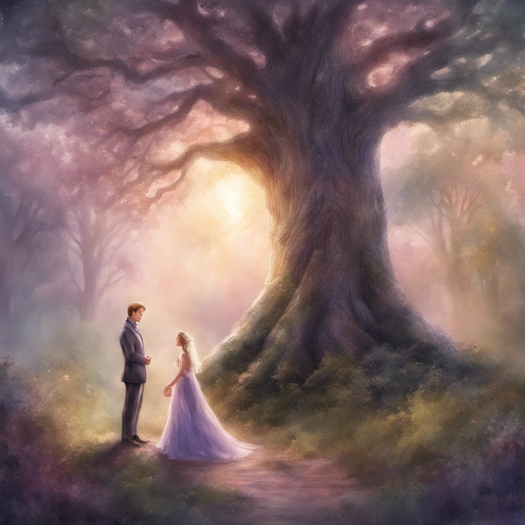 A painting of a bride and groom standing under an enchanted tree.