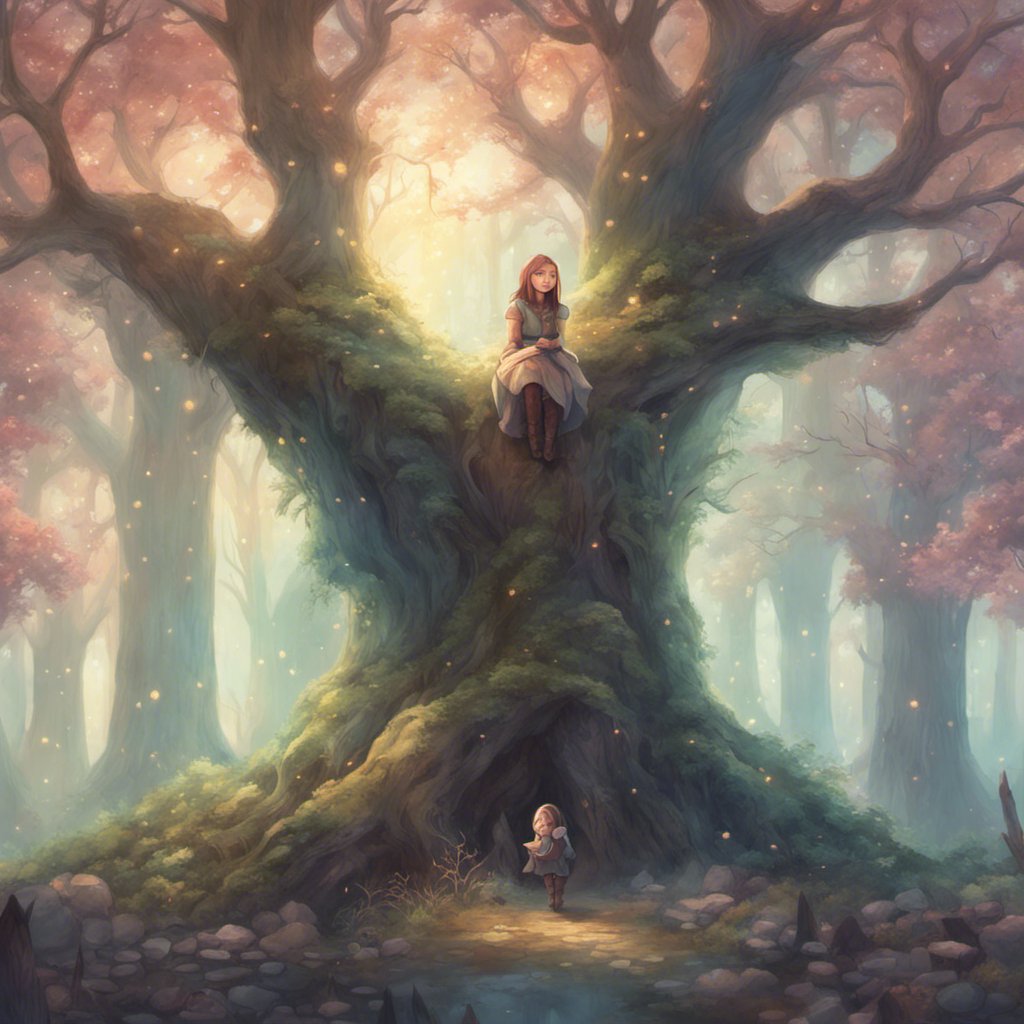 Arya, a girl, sits on top of a tree in a forest.