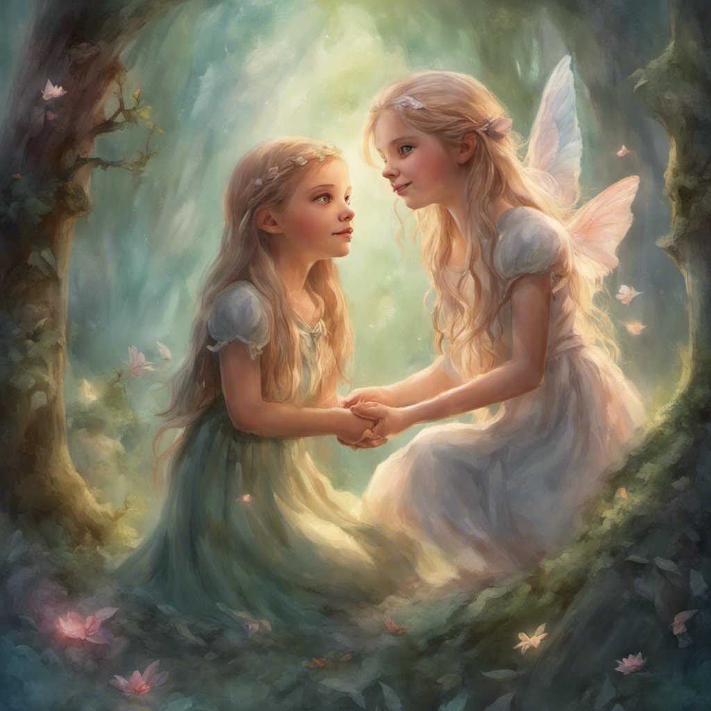 A whimsical painting capturing the grace and true friendship of two little fairies on their enchanting journey through the woods.