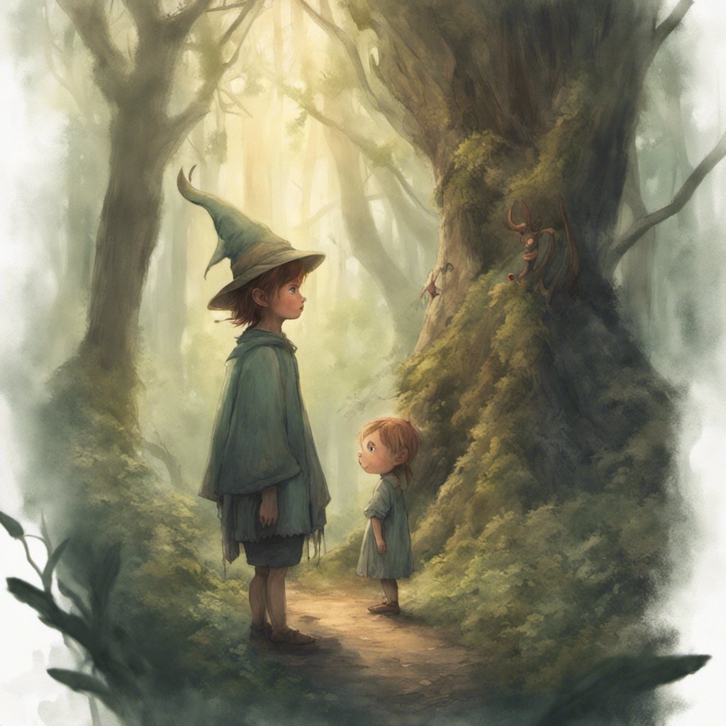 Lost in an enchanted forest, Mumu's Marvelous Journey is captured in a painting featuring a boy and a girl amidst the whimsical woods.